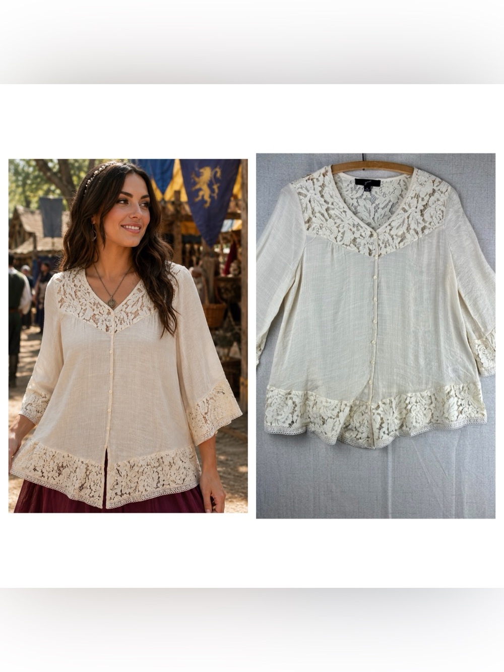 Embroidered Gauzy Ivory Tunic Sheer Floral Lace ¾ Sleeve Boxy Ren Faire Femme M